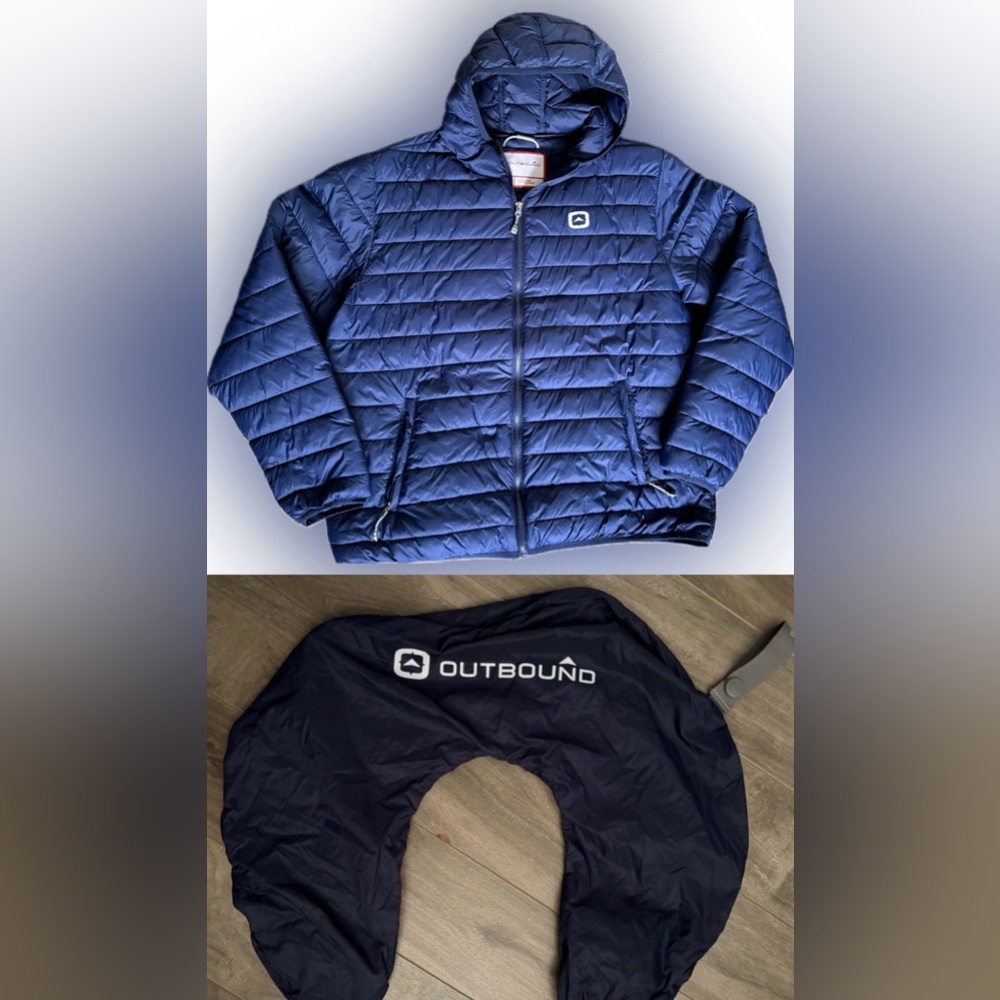 Packable Puffer Jacket With Hood Neck Pillow Lightweight Full Zip XL Mens